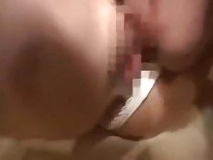 Wild girl in stockings moves her panties to the side and ge