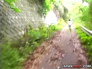Japanese chick gets cum on boobs outdoor